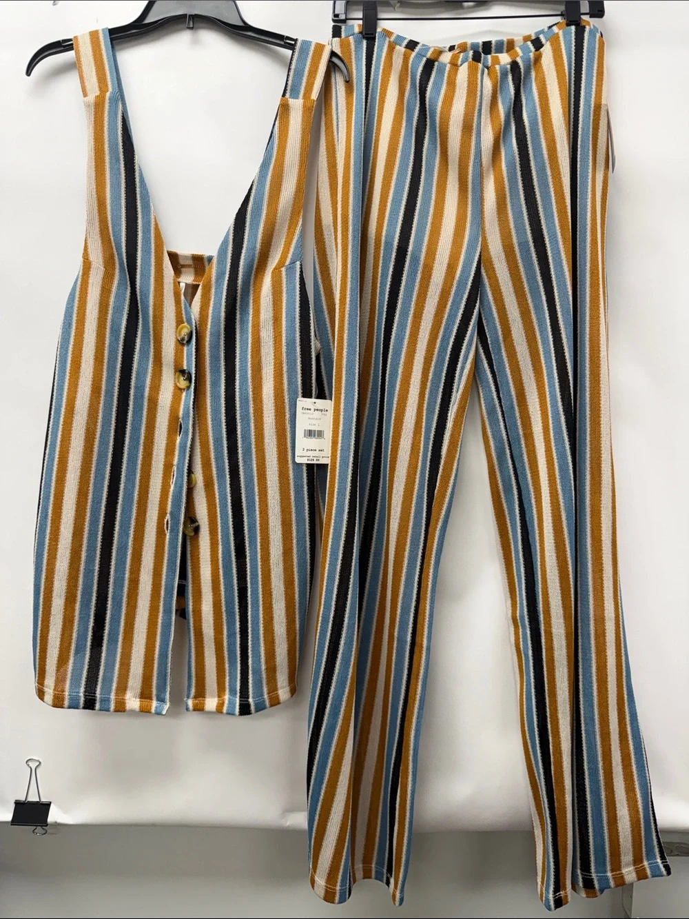 Striped V-Neck Button Front Tank and wide leg pants set in Blue and Tan